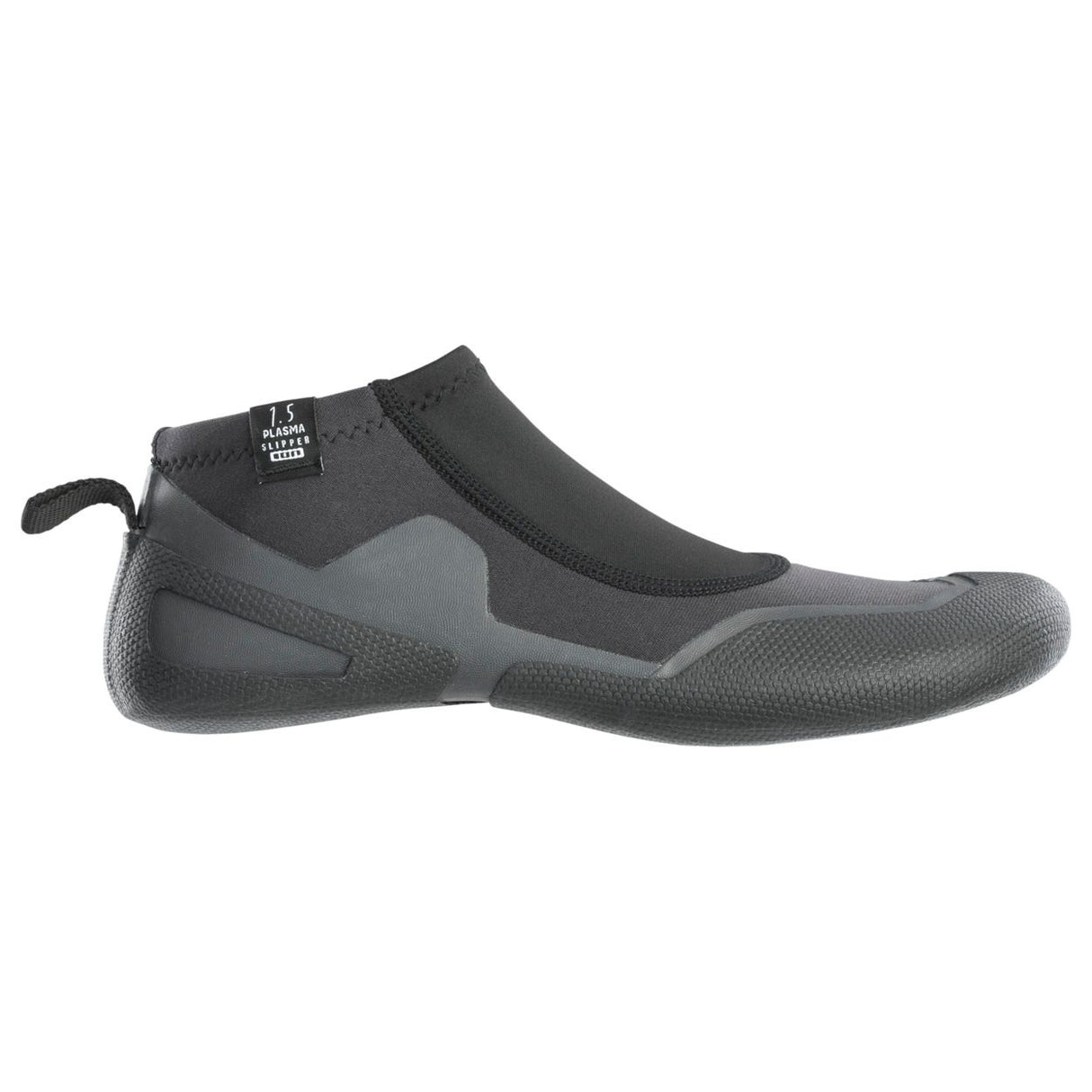 ION Plasma Slipper 1.5 Round Toe 2025, schwarzer Neopren-Wasserschuh mit grauer Sohle, Seitenansicht