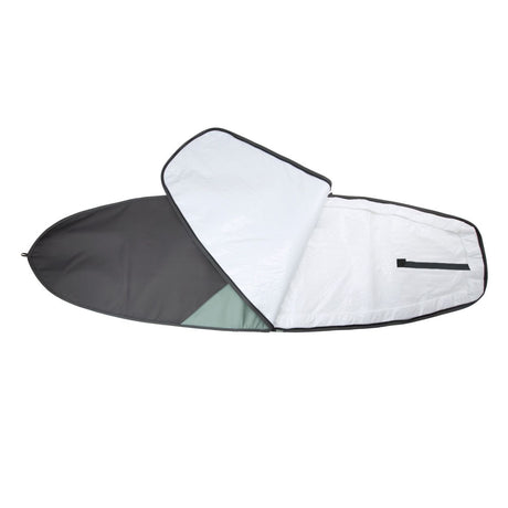 ION SUP Boardbag Core 2026, schwarz-weiße Schutzhülle mit mintgrünen Details, geöffnete Draufsicht