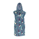 ION Grom 2025 Poncho aus Baumwolle, blaugrau mit tropischem Print, Kapuze und ION-Logo, Vorderansicht