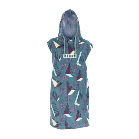 ION Grom 2025 Poncho aus Baumwolle, blaugrau mit tropischem Print, Kapuze und ION-Logo, Vorderansicht