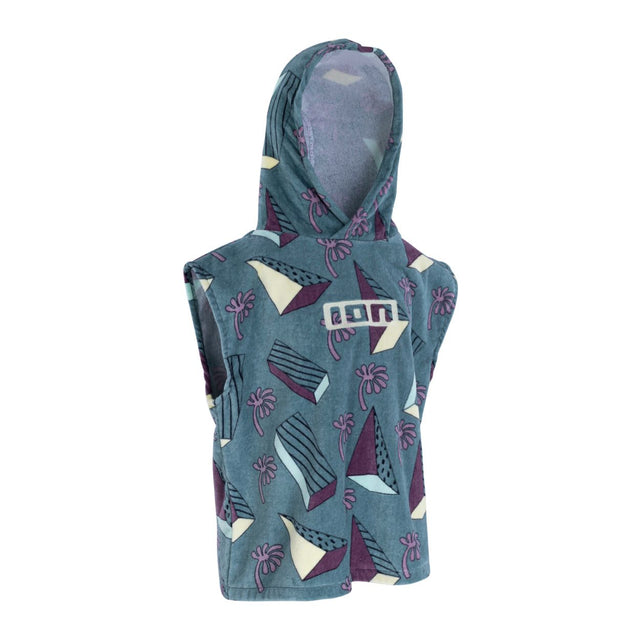 ION Poncho Mini Grom 2024 Kinder-Umhang blaugrau mit Print, Kapuze, ärmellos, Frontalansicht