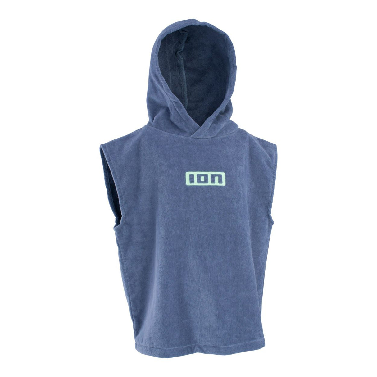 ION Poncho Mini Grom 2024 in Blau, ärmelloses Handtuch-Poncho aus Baumwolle mit Kapuze, Frontalansicht