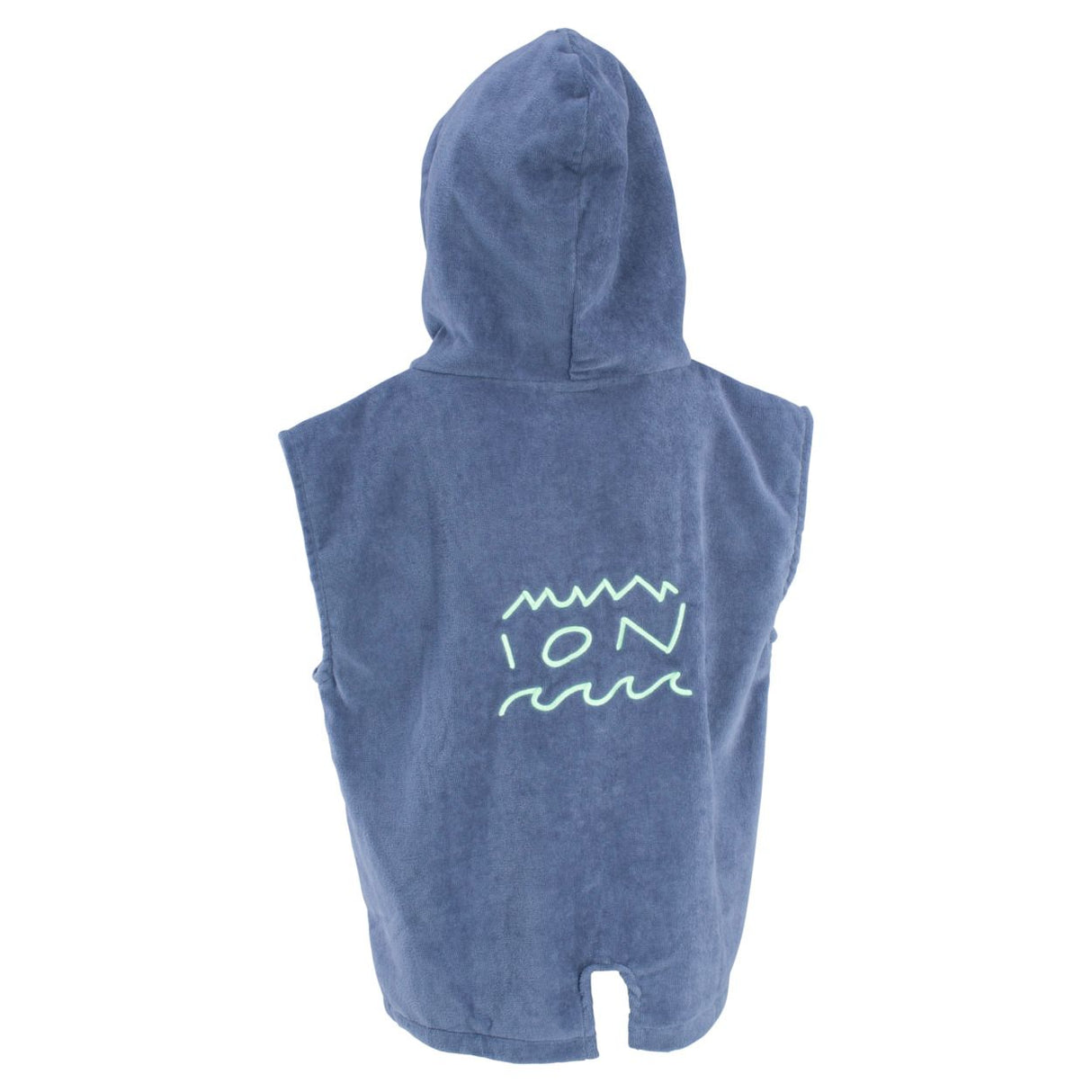 ION Poncho Mini Grom 2024 blau aus Frottee mit Kapuze und weißem Logo-Print, Frontalansicht