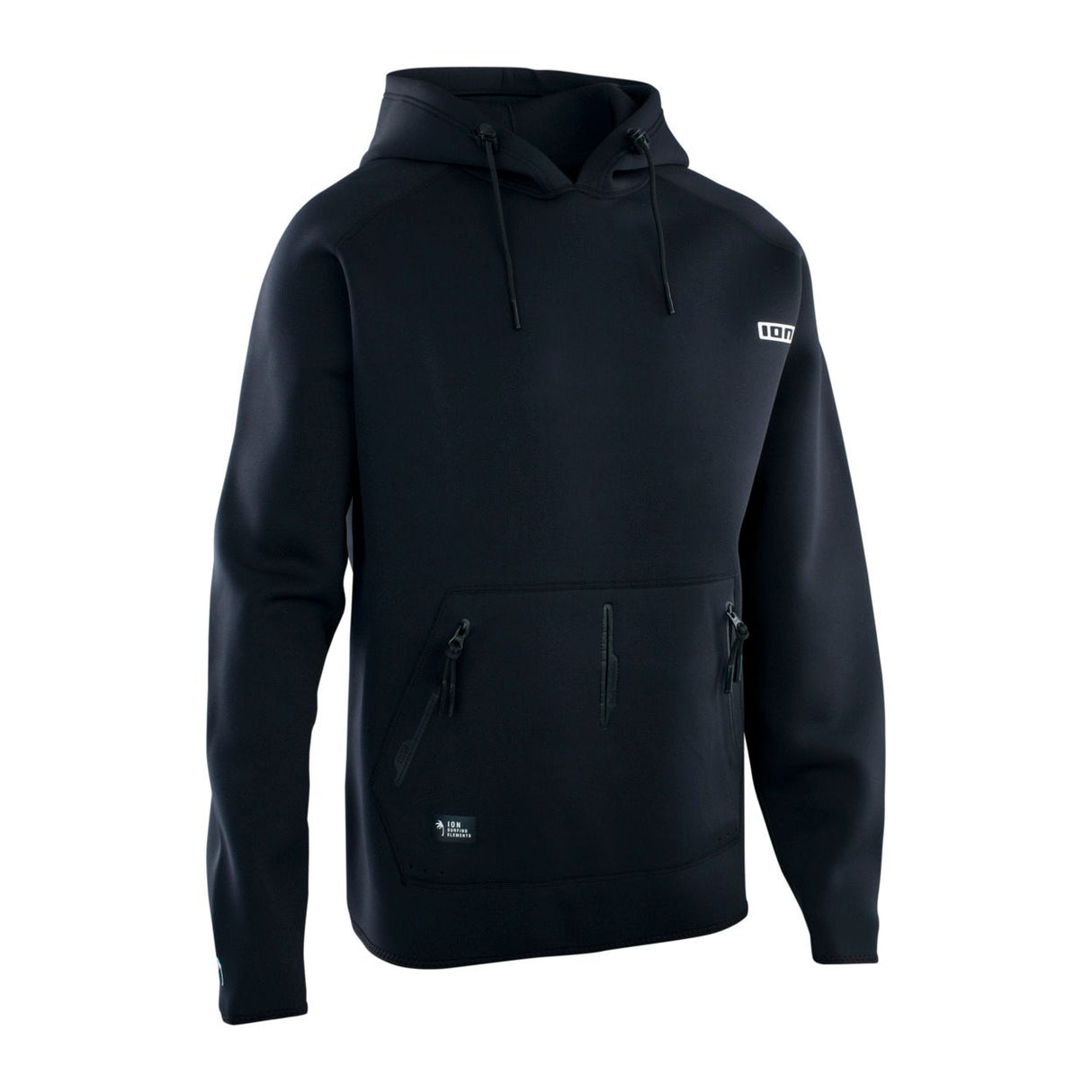 ION Neo Hoody Lite Men 2025 schwarzer Neopren-Hoodie mit Kapuze, Fronttasche und ION-Logo, Vorderansicht