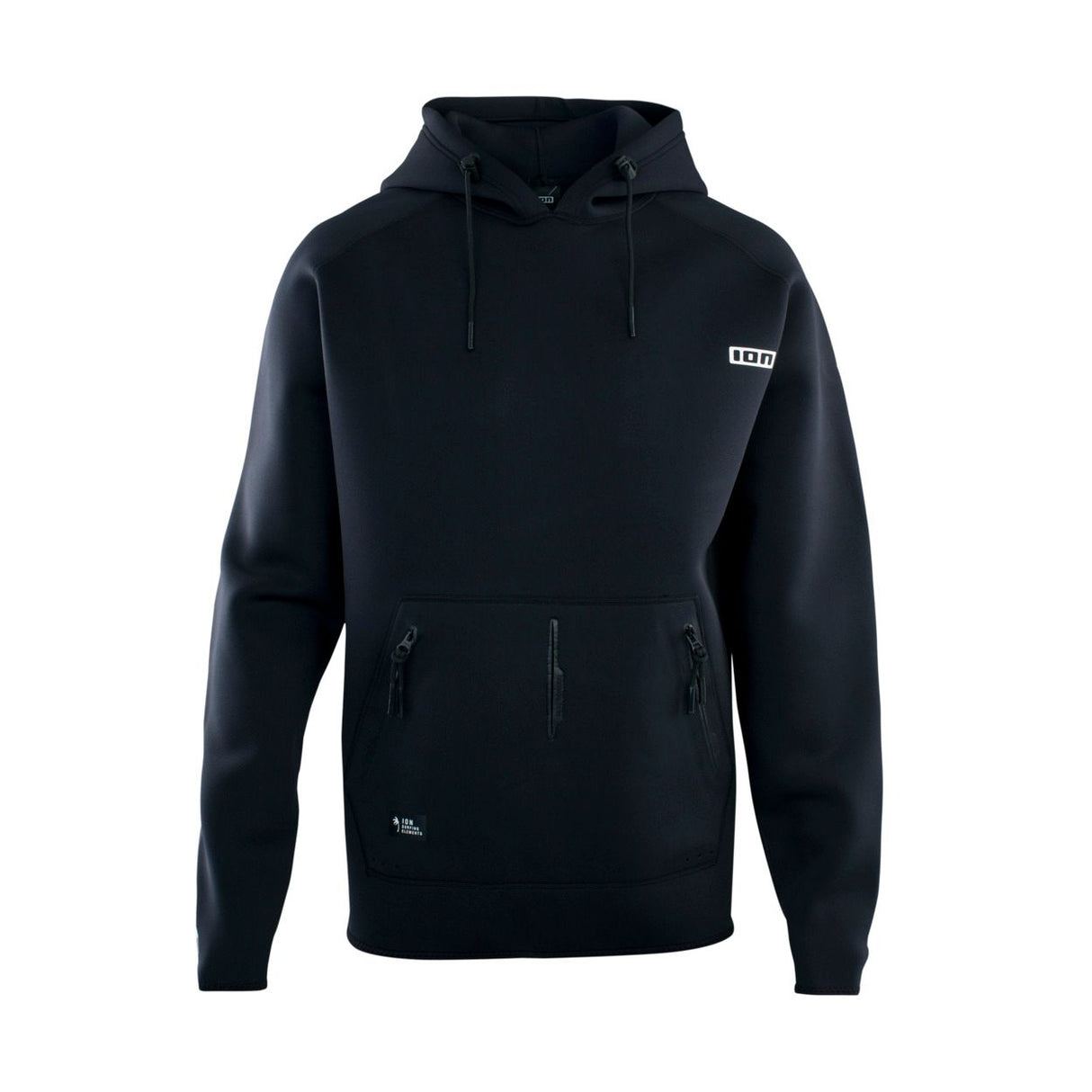ION Neo Hoody Lite Men 2025, schwarzer Neopren-Hoodie mit Kapuze, Frontansicht, leichte Wärmeschutzjacke