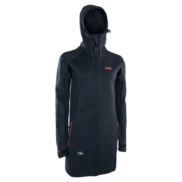 ION Neo Cosy Coat 2026 schwarze Kapuzenjacke mit Reißverschluss, Frontansicht