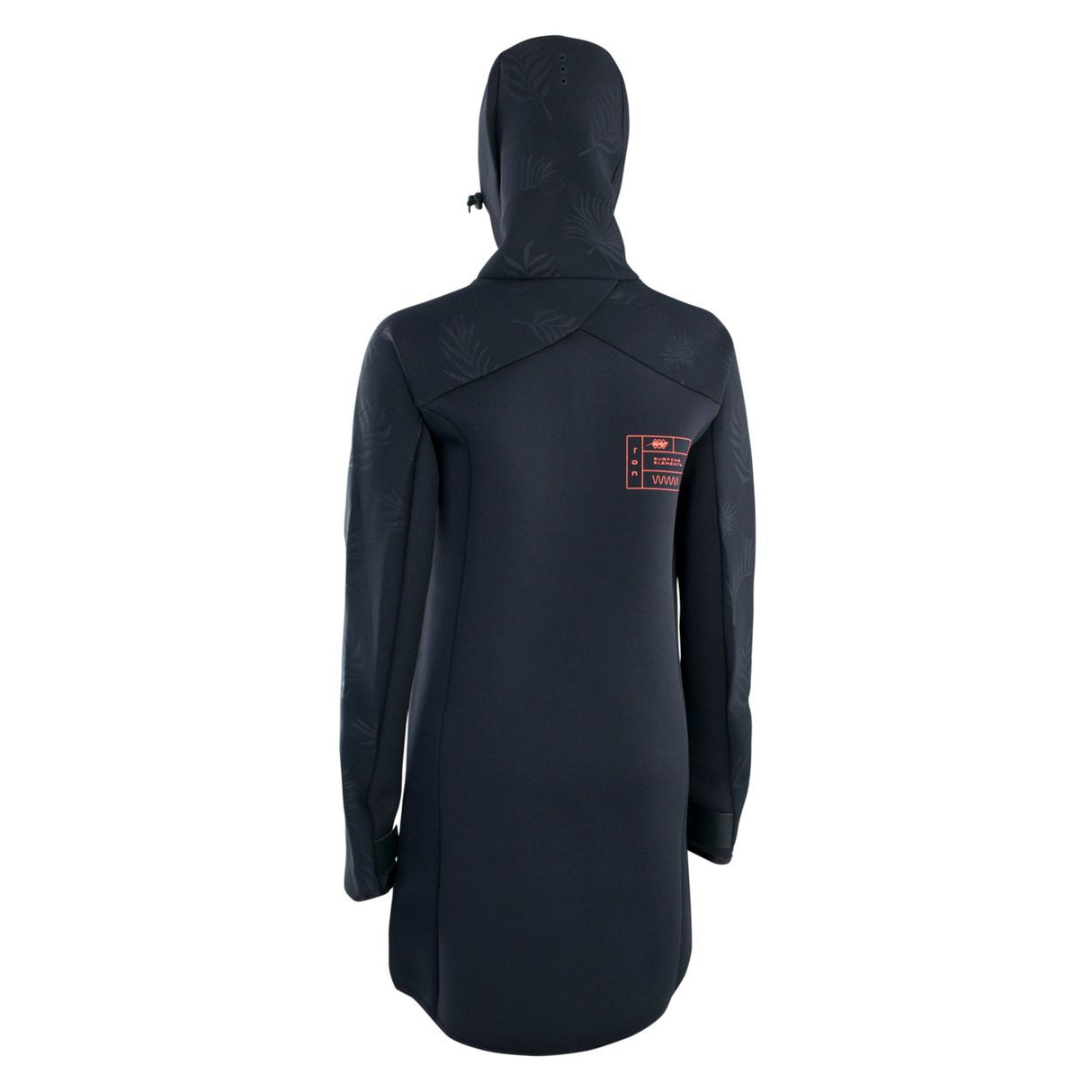 ION Neo Cosy Coat 2026 schwarzer Neoprenmantel mit Kapuze, Rückenansicht