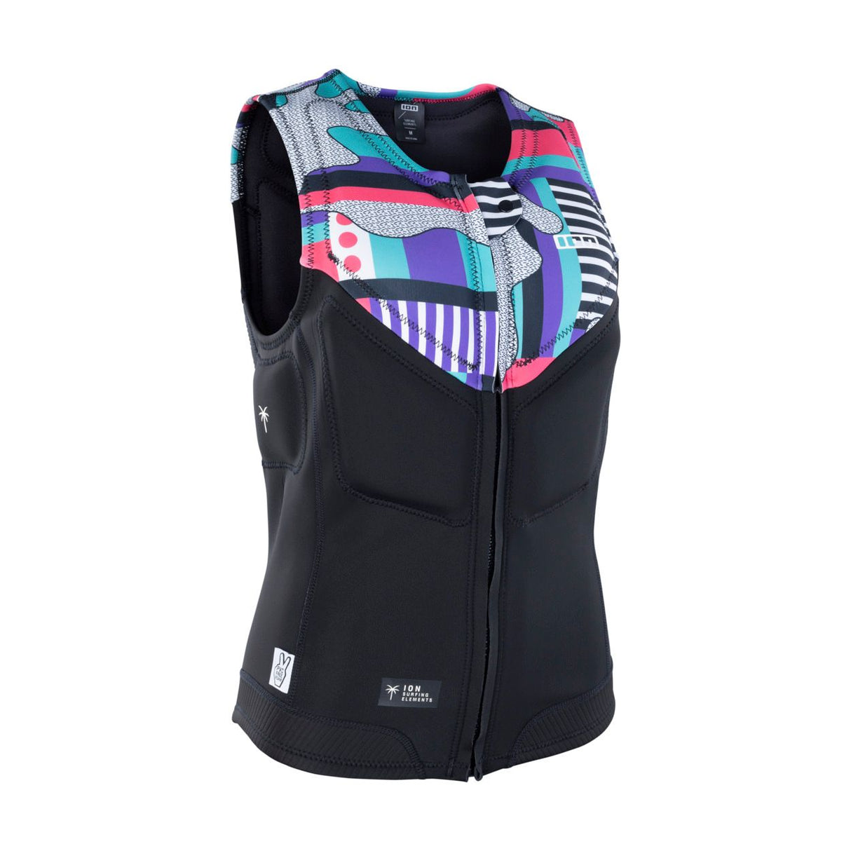ION Ivy Weste Front Zip 2026, schwarz mit farbigem Patchwork-Design, Neopren-Weste mit Frontreißverschluss, Vorderansicht