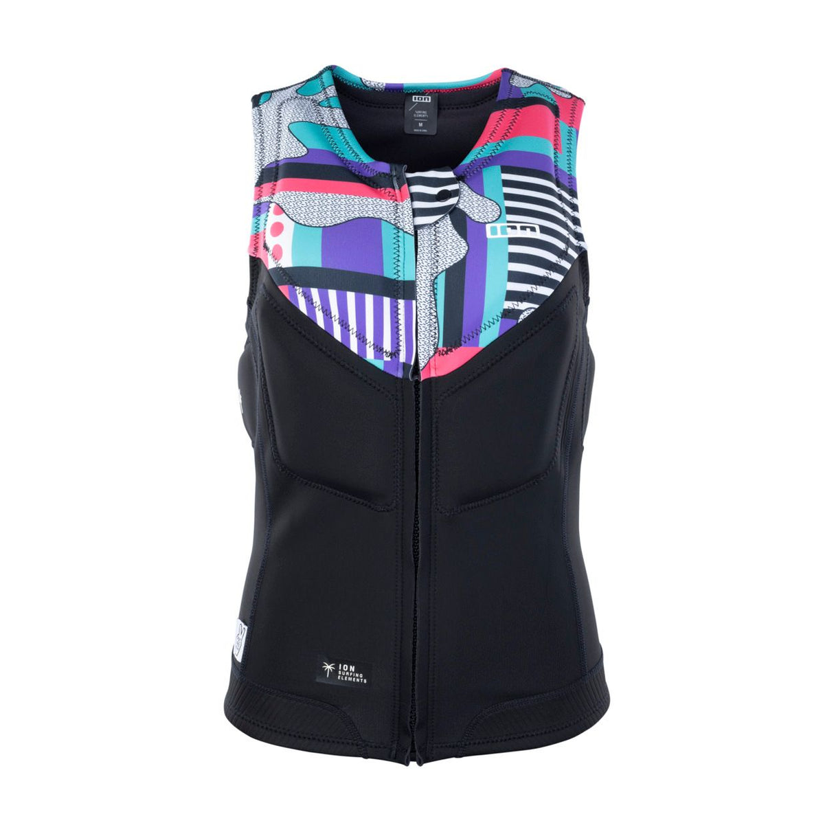 ION Ivy Weste Front Zip 2026 schwarze Neopren-Weste mit farbigem Muster, Frontansicht