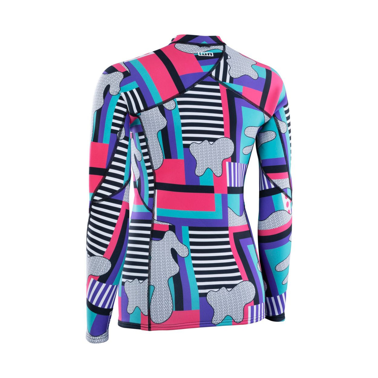 ION Neo Top 2/2 LS Damen Langarm-Shirt mit buntem geometrischem Muster in Pink, Blau und Schwarz, Frontalansicht