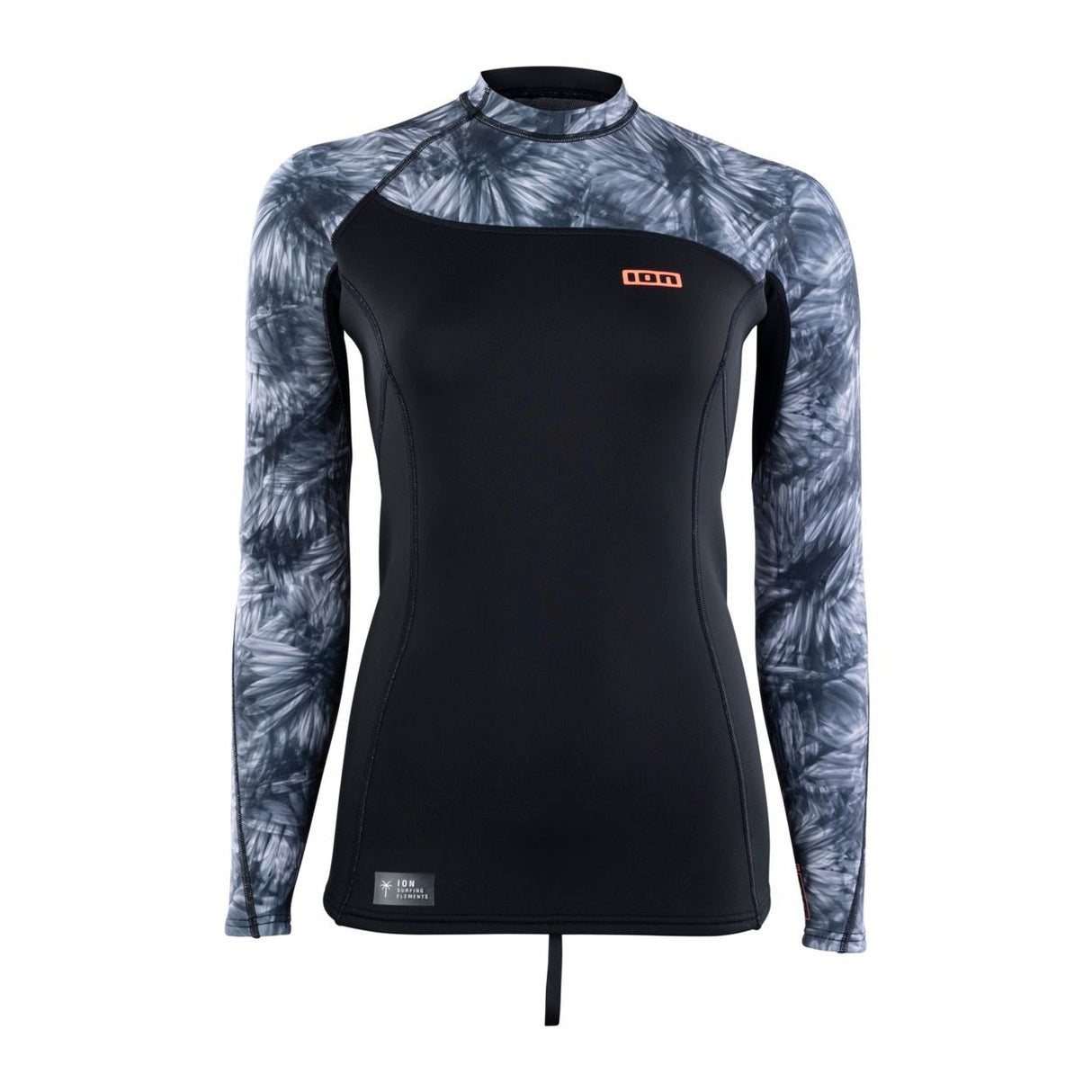 ION Neo Top 2/2 LS Damen Neoprenanzug schwarz mit Batik-Ärmeln, Frontansicht