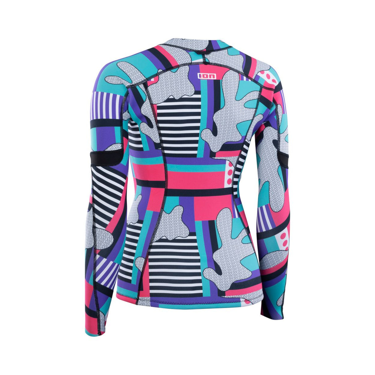 ION Neo Zip Top 1.5 Neopren-Oberteil mit farbigem Patchwork-Design in Türkis, Pink und Schwarz, Frontalansicht