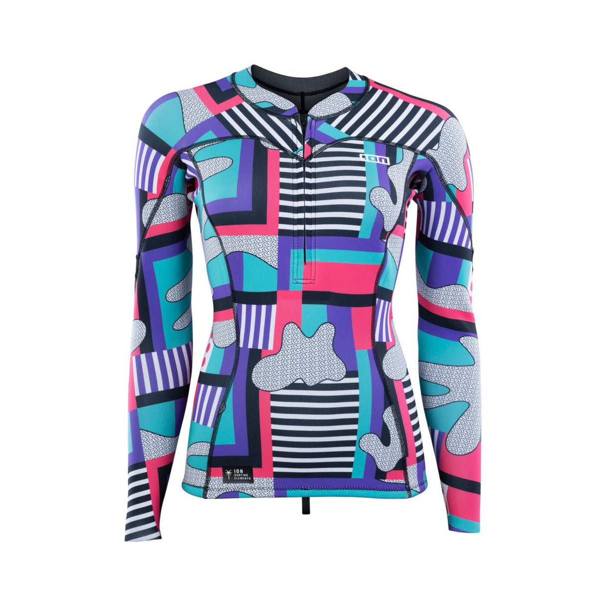 ION Neo Zip Top 1.5 2026 Neoprenanzug Oberteil mit buntem geometrischem Muster in Pink, Blau und Violett, Frontansicht