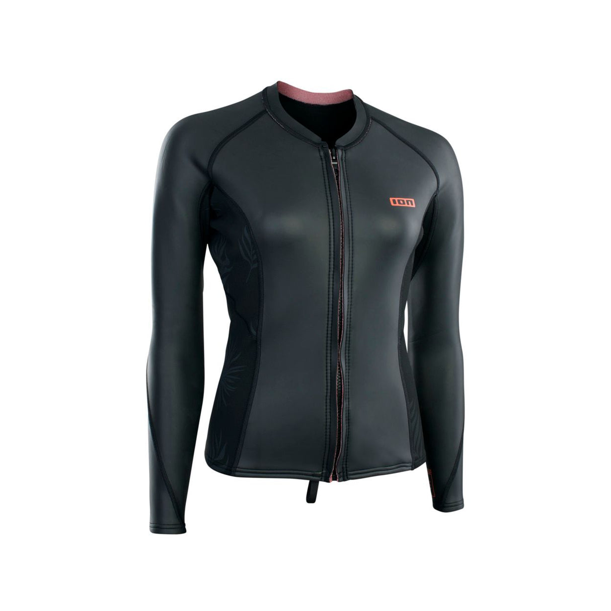 ION Neo Zip Top 2/1 LS Skin Damen, schwarze Neopren-Jacke mit Reißverschluss, Vorderansicht