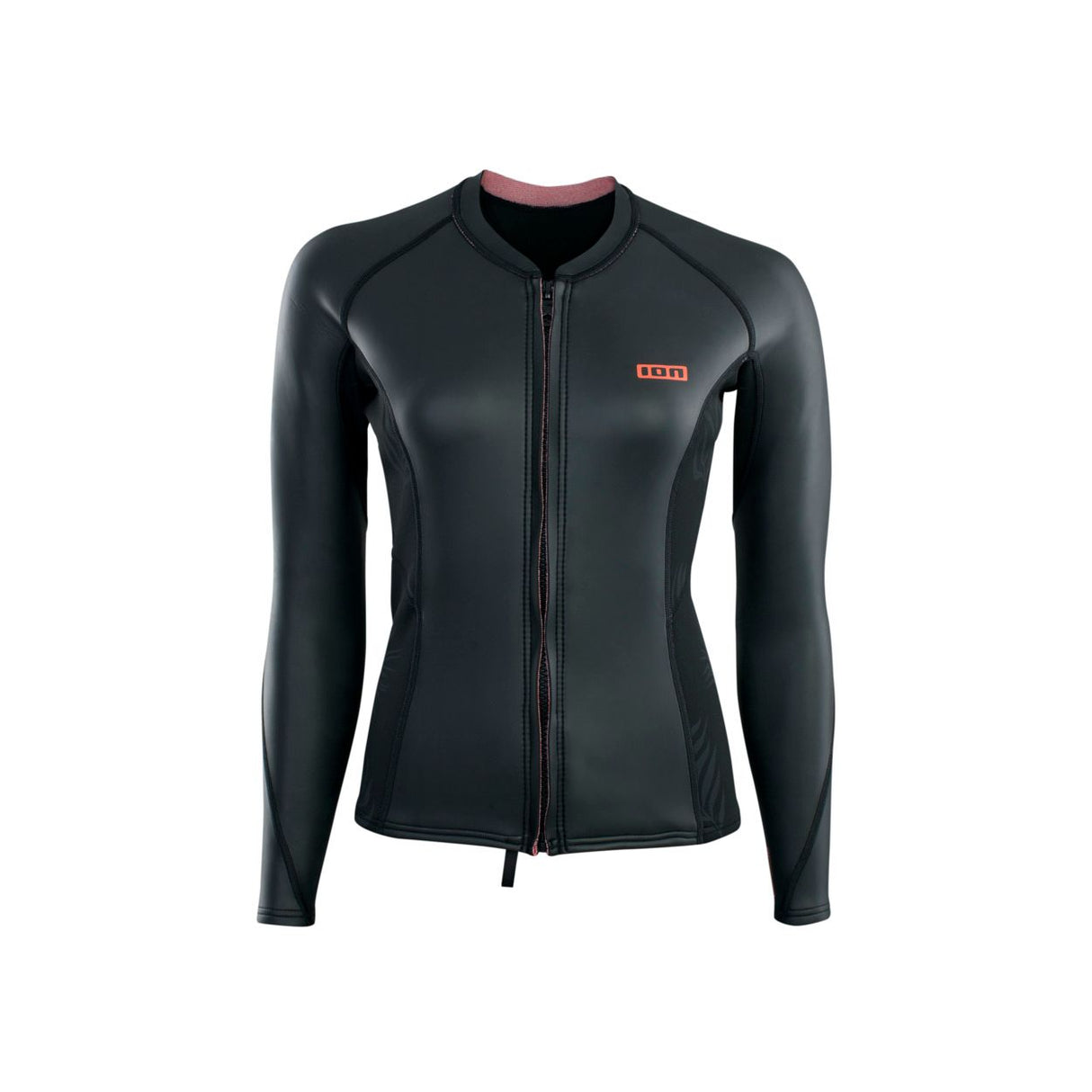ION Neo Zip Top 2/1 LS Skin Damen, schwarzes Neopren Langarm Shirt mit Frontalreißverschluss, Frontansicht