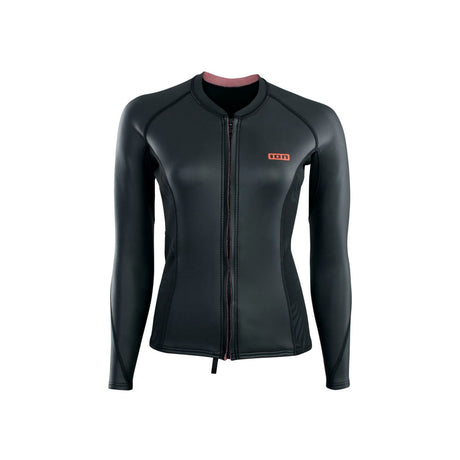 ION Neo Zip Top 2/1 LS Skin Damen, schwarzes Neopren Langarm Shirt mit Frontalreißverschluss, Frontansicht