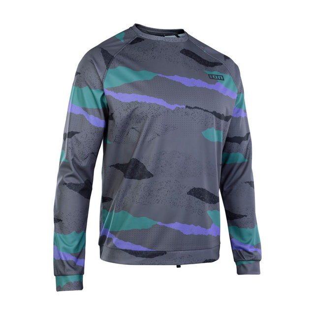 ION Wetshirt LS men 2025 grau mit lila und grünem Streifenmuster, Frontansicht