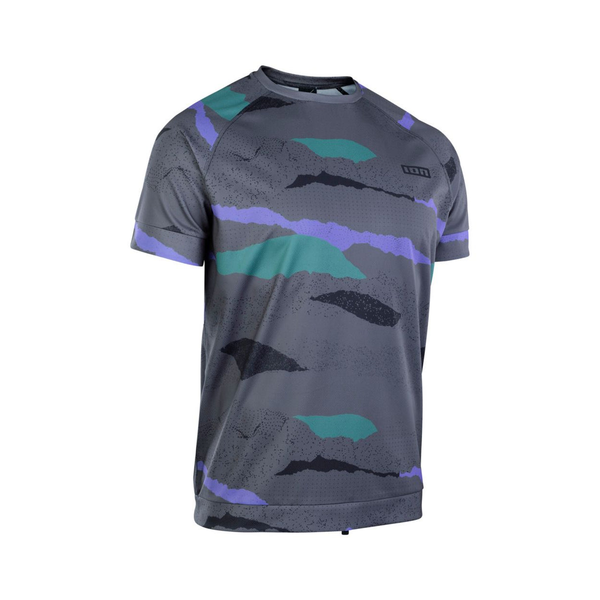 ION Wetshirt SS 2025 grau mit violetten und grünen Streifen, Frontansicht