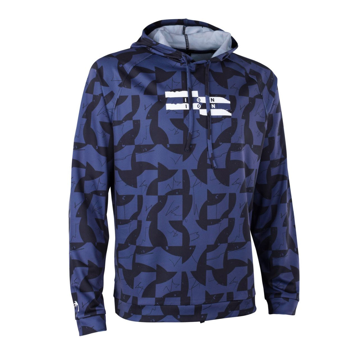 ION Wetshirt Hood Langarm Herren blau-schwarzes Allover-Muster, Kapuze, Frontansicht