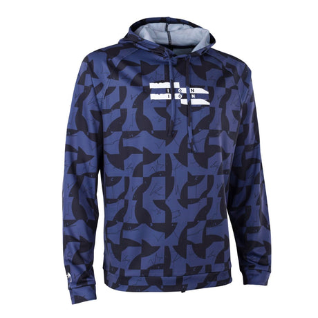 ION Wetshirt Hood Langarm Herren blau-schwarzes Allover-Muster, Kapuze, Frontansicht