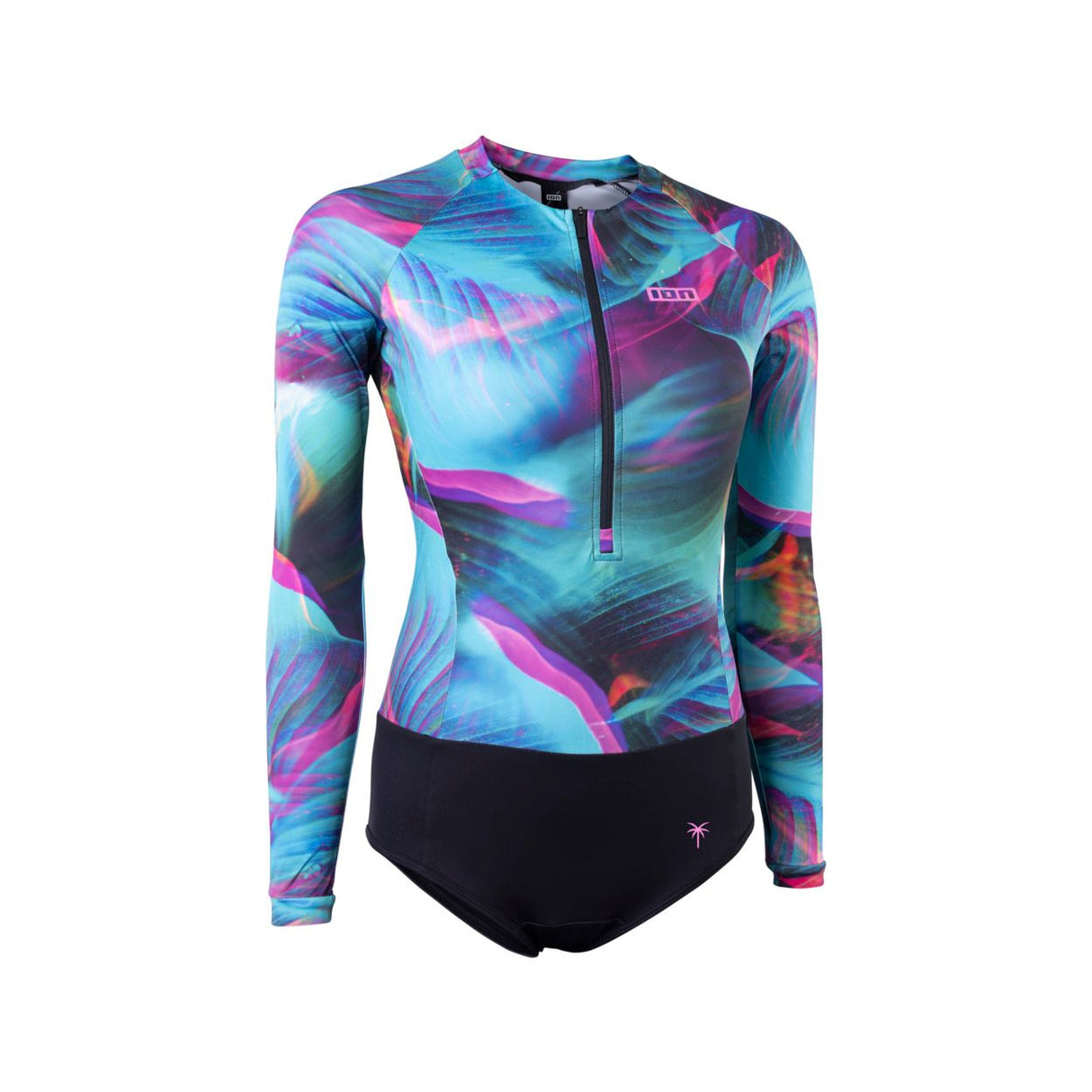 ION Bottom Swimsuit LS Damen 2024 mit farbenfrohem Print in Blau, Magenta und Schwarz, Frontansicht