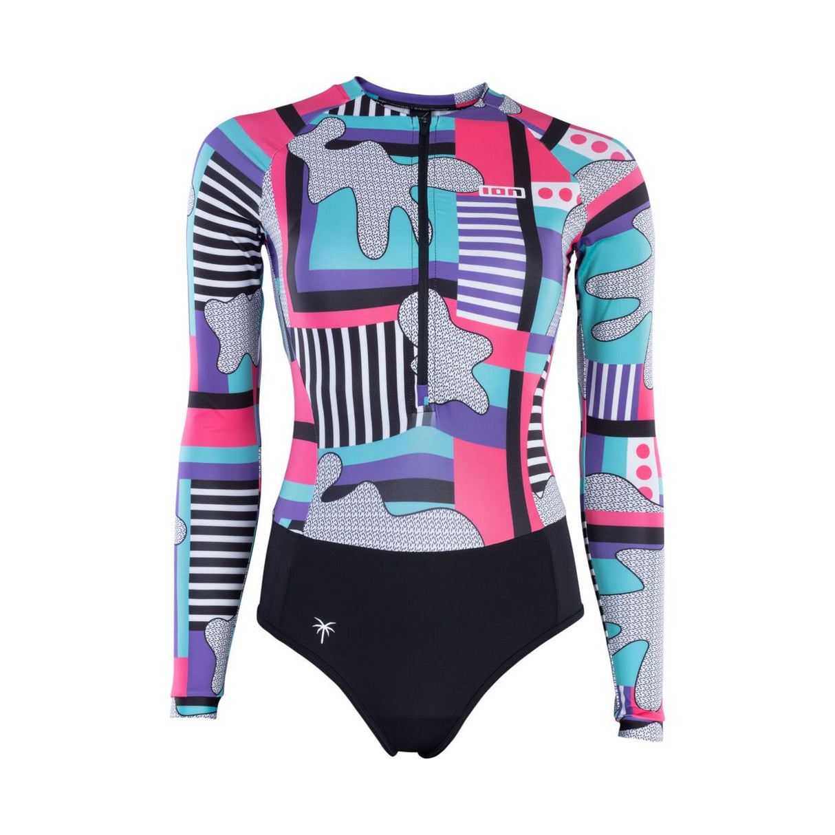ION Bottom Swimsuit LS women 2024, farbiges Muster mit Pink und Blau, Langarm-Neoprenanzug, Frontansicht