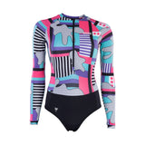 ION Bottom Swimsuit LS women 2024, farbiges Muster mit Pink und Blau, Langarm-Neoprenanzug, Frontansicht