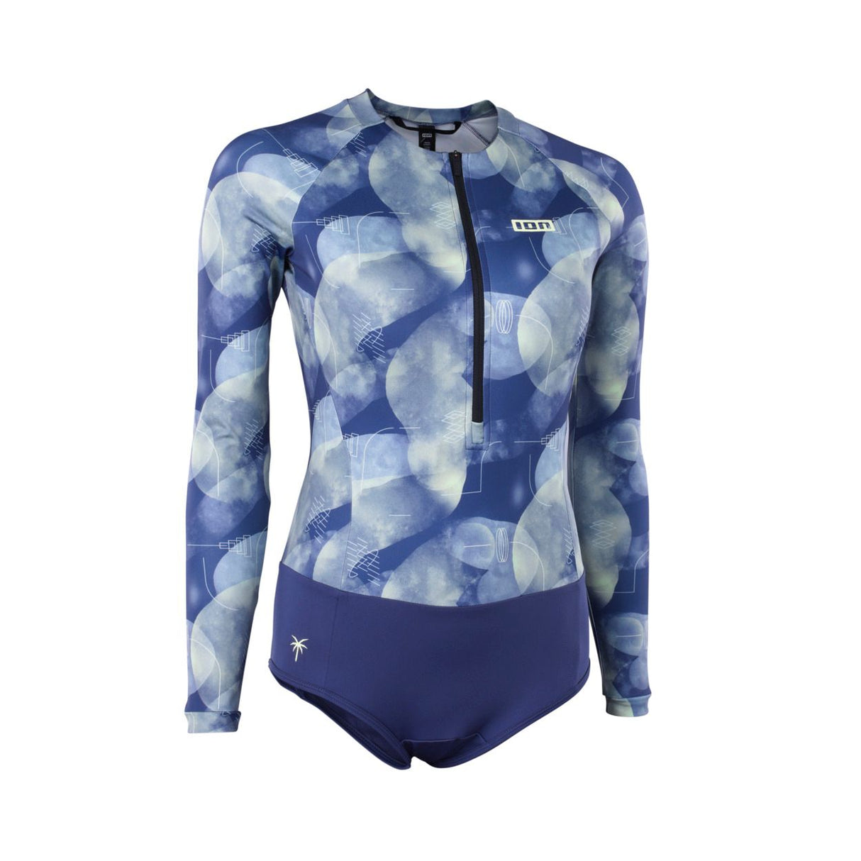 ION Bottom Swimsuit LS women 2024, blau-weiß gemustert, Langarm-Badeanzug mit Reißverschluss, Frontansicht