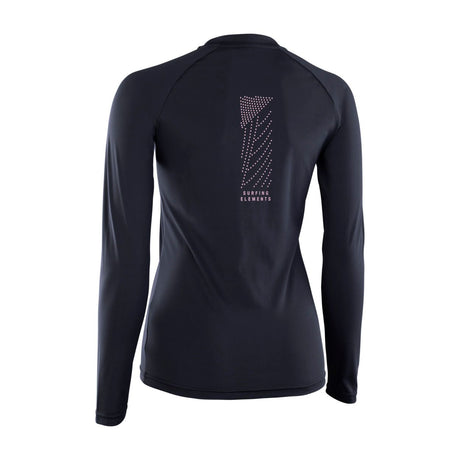 ION Damen Rashguard Langarm 2024 in Schwarz, Rückansicht, funktionales Neopren-Oberteil mit geometrischem Rückendesign