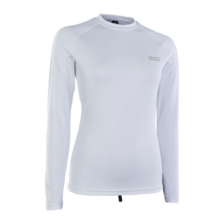 ION Damen Rashguard Langarm 2024 in Weiß, Frontansicht, UV-Schutz Funktionsshirt mit ION-Logo