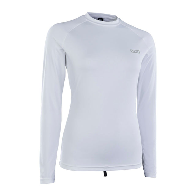 ION Damen Rashguard Langarm 2024 in Weiß, Frontansicht, UV-Schutz Funktionsshirt mit ION-Logo