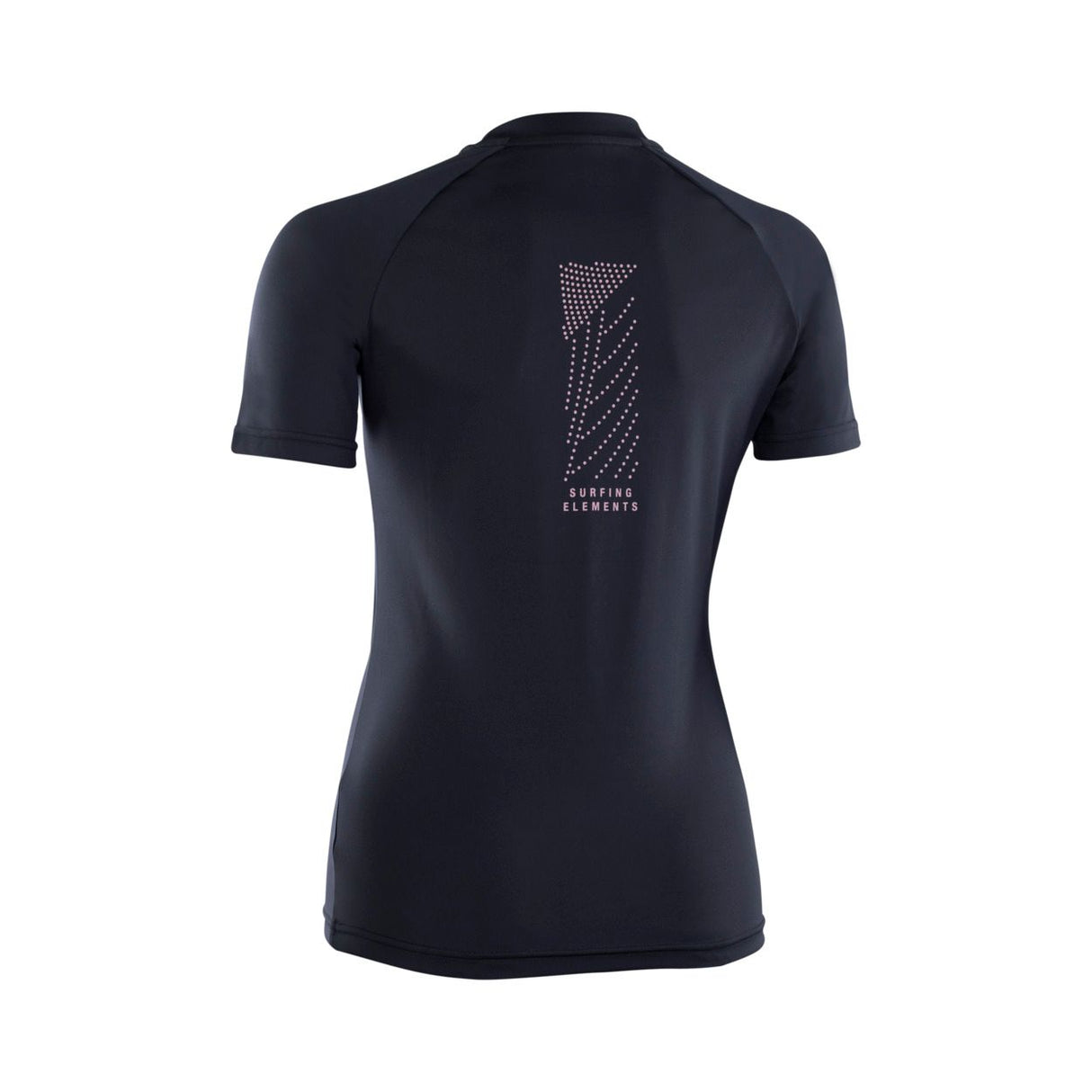ION Rashguard SS Damen 2024, schwarzes Kurzarm-Funktionsshirt mit geometrischem Rückendruck, Rückansicht