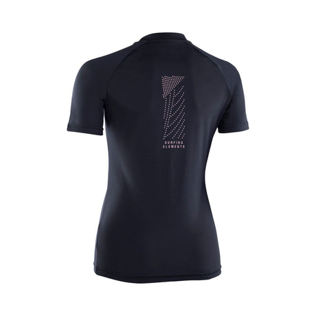 ION Rashguard SS Damen 2024, schwarzes Kurzarm-Funktionsshirt mit geometrischem Rückendruck, Rückansicht