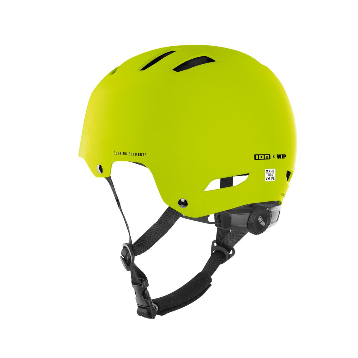 ION Slash Core Helmet 2026 neongelb, Schutzhelm mit schwarzem Kinnriemen und Lüftungsöffnungen, Seitenansicht