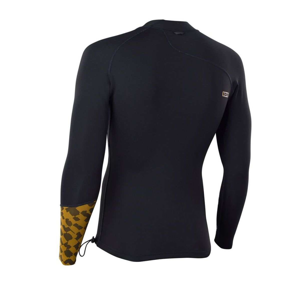 ION Neo Top 0.5 LS men schwarzes Neopren-Langarmshirt mit gelbem Muster an den Ärmeln, Frontansicht