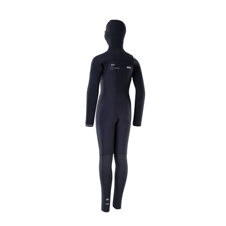 ION Capture Amp 6/5 Hood Front Zip junior Neoprenanzug in Schwarz, Frontalansicht mit Kapuze und Reißverschluss