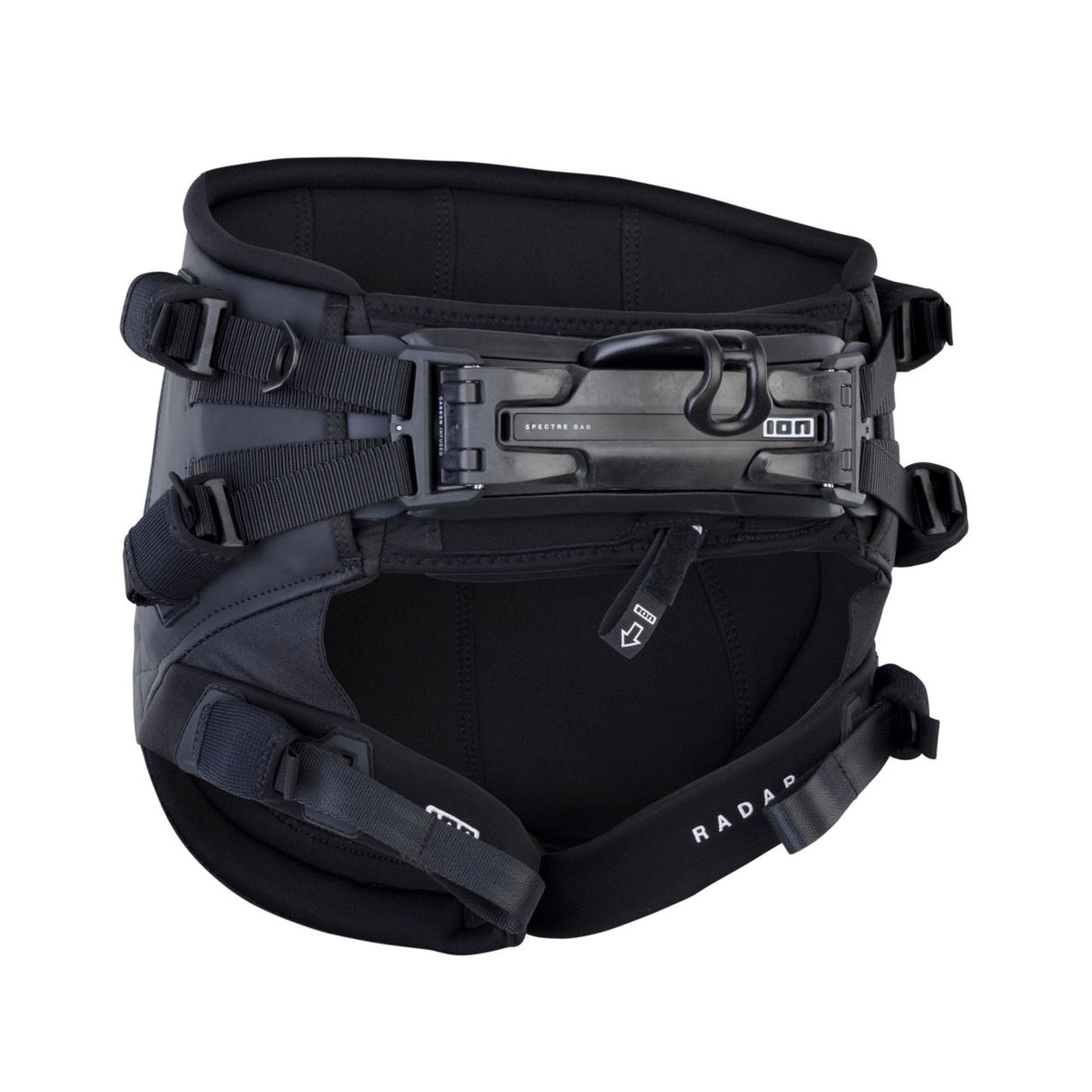 ION Radar 2026 Trapez Waist Harness schwarz-blau, Draufsicht mit offenen Taschen und Schnallensystem