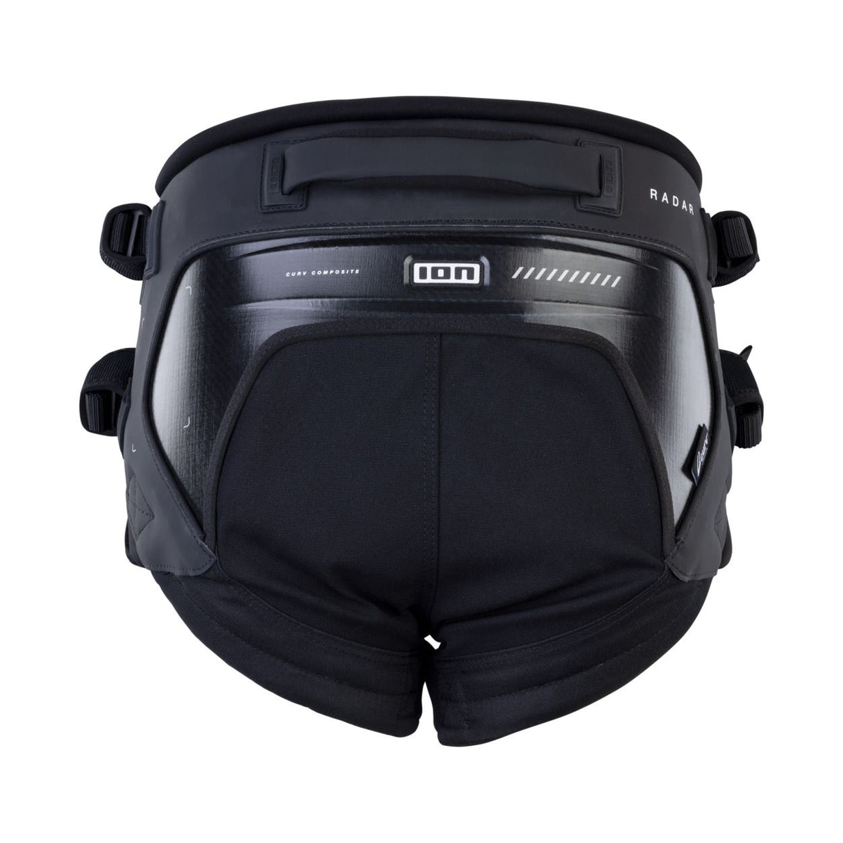 ION Radar 2026 Kite-Trapez schwarz, Frontansicht mit Griffen und ION-Logo, Neopren-Material
