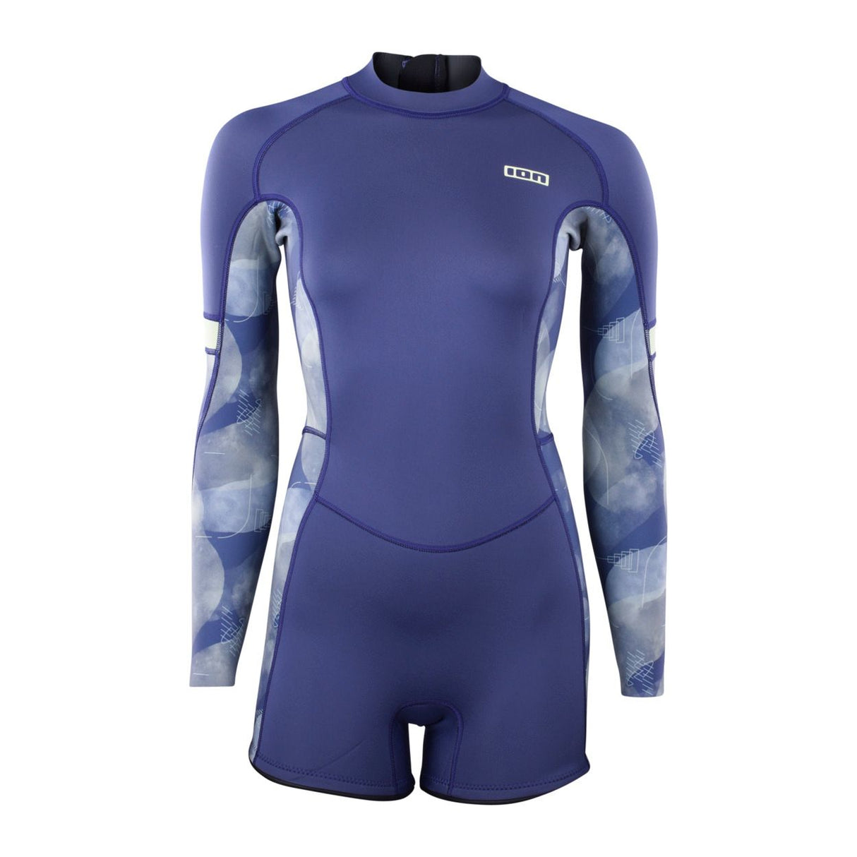 ION Amaze Shorty 2.0 LS Back Zip Women Neoprenanzug Blau mit Musterärmel, Frontalansicht