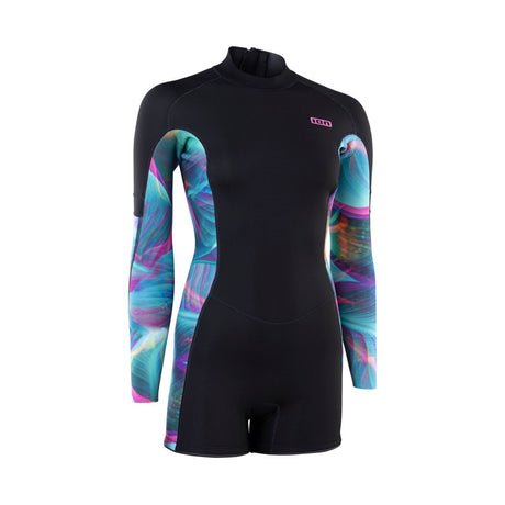 ION Amaze Shorty 2.0 LS Back Zip Damen Neoprenanzug schwarz mit buntem Armprint Frontansicht