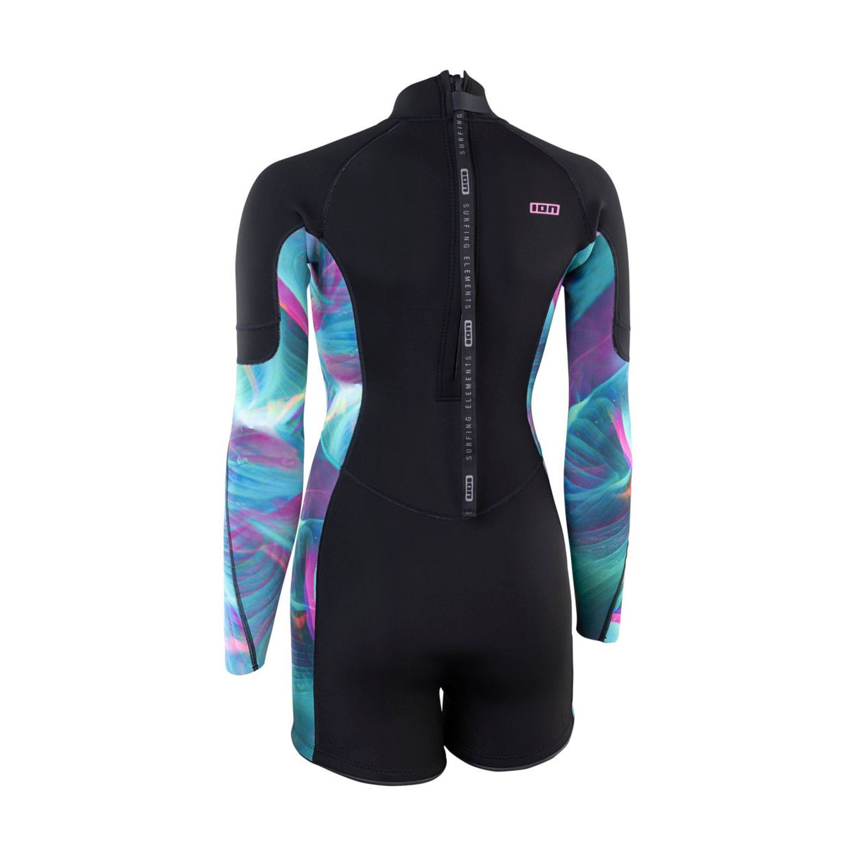 ION Amaze Shorty 2.0 LS Back Zip Women Neoprenanzug schwarz bunt Rückenreißverschluss Rückansicht
