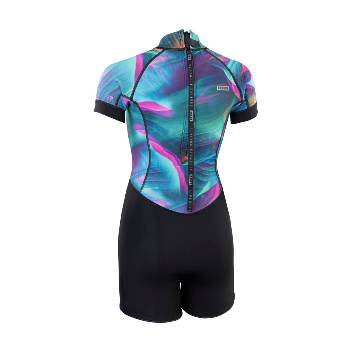 ION Amaze Shorty 2.5 2026 Neoprenanzug, buntes abstraktes Muster in Blau und Pink, kurze Ärmel, schwarze Beine, Rückenansicht