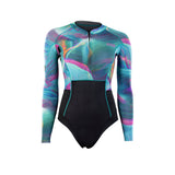 ION Amaze Hot Shorty 1.5 LS Damen Neoprenanzug, Langarm, buntes Muster Türkis Magenta, Frontreißverschluss, Vorderansicht