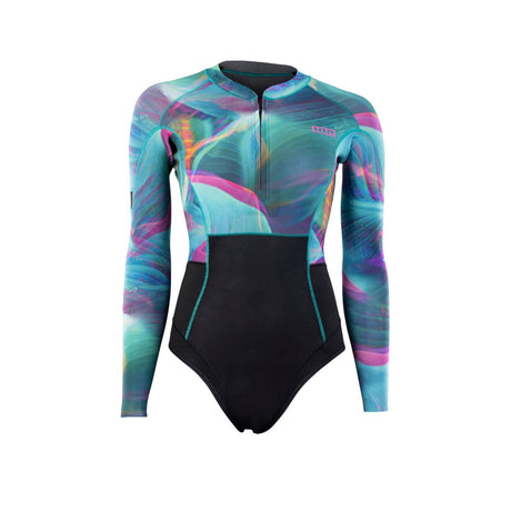 ION Amaze Hot Shorty 1.5 LS Damen Neoprenanzug, Langarm, buntes Muster Türkis Magenta, Frontreißverschluss, Vorderansicht