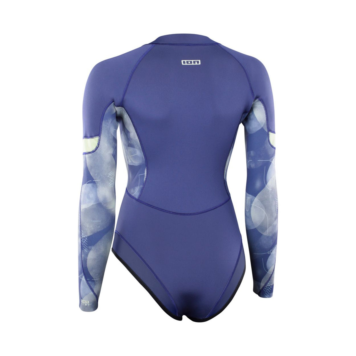 ION Amaze Hot Shorty 1.5 LS Damen Neoprenanzug, marineblau mit Muster, Frontreißverschluss, Rückenansicht
