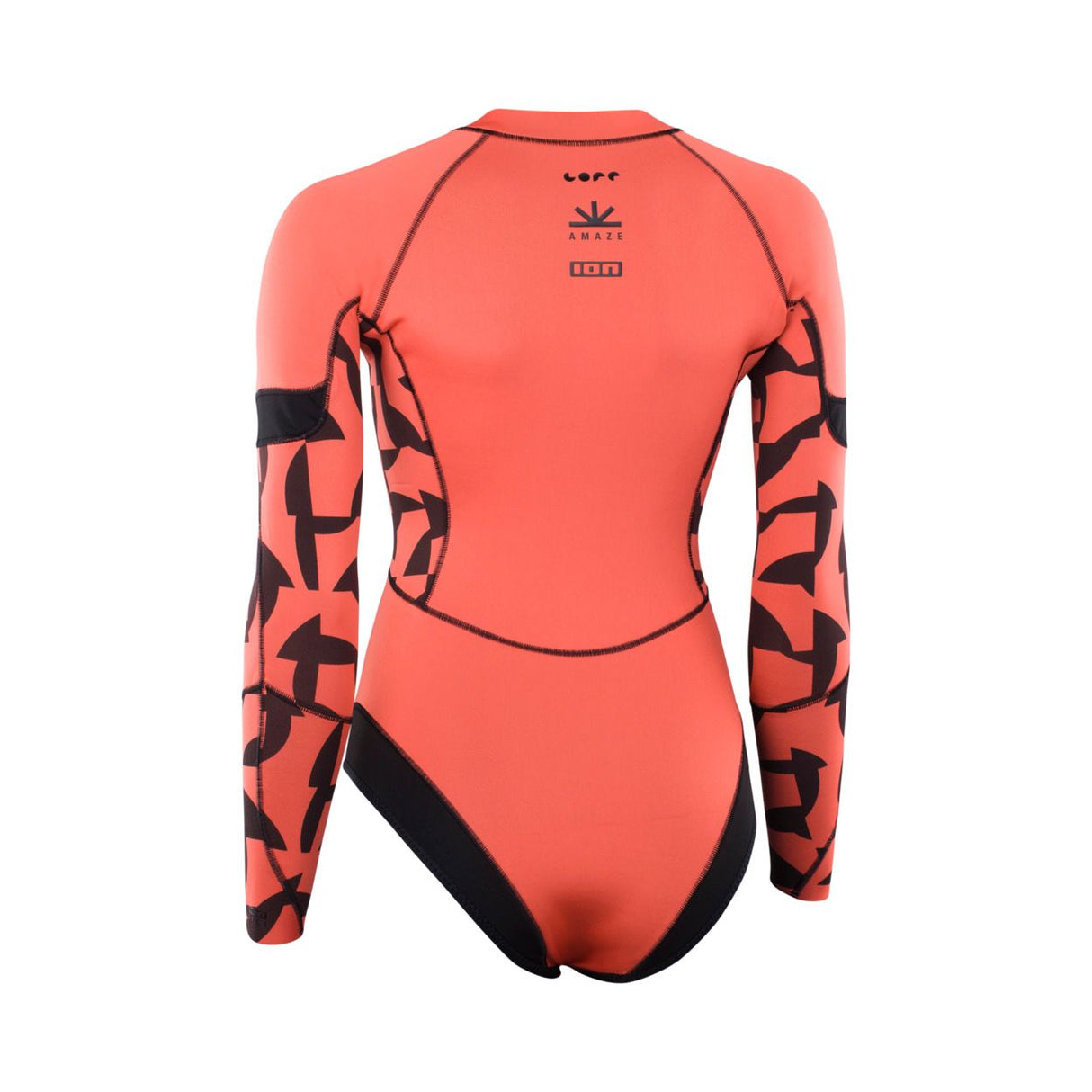 ION Amaze Hot Shorty 1.5 LS Damen Neoprenanzug rot mit schwarzem Muster, Frontverschluss, lange Ärmel, Vorderansicht