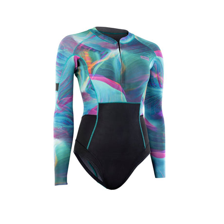 ION Amaze Hot Shorty 1.5 LS Damen Neoprenanzug, farbig gemusterte Oberseite mit schwarzem Unterteil, Frontreißverschluss, Frontalansicht