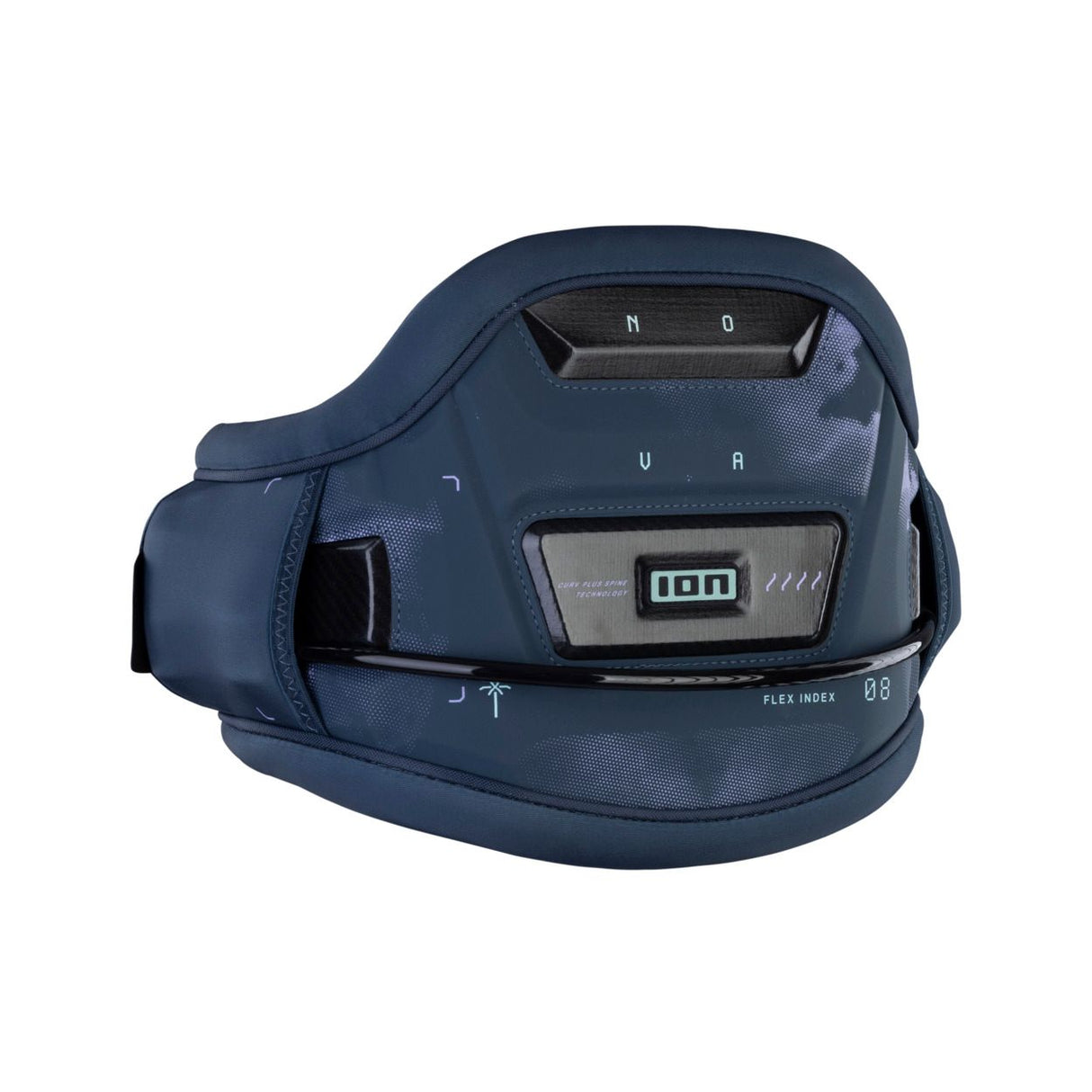 ION Nova Kite Trapez Damen 2024, Waist Harness in Navy Blau, Frontansicht mit Flex Index 08 Aufdruck