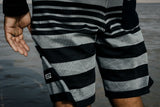 ION Surf Shield 2026 Badeshorts in Schwarz-Grau gestreift, Detailansicht von vorne mit Streifen-Design und ION-Label