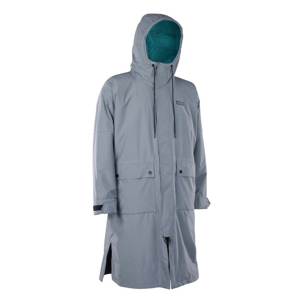 ION Storm Coat Unisex 2026 in Grau mit Kapuze, Frontansicht, wasserdichte Funktionsjacke mit seitlichen Schlitzen